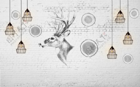 灰色墙砖个性麋鹿头灯饰壁画