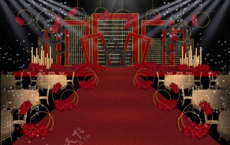红金色系创意几何婚礼舞台效果图