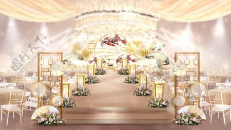 新中式梅花折扇造型婚礼舞台区效果图