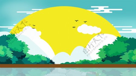 彩绘太阳树林湖面背景素材