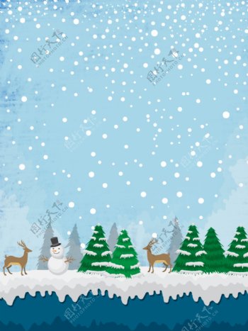 蓝色冬天圣诞节雪人麋鹿背景