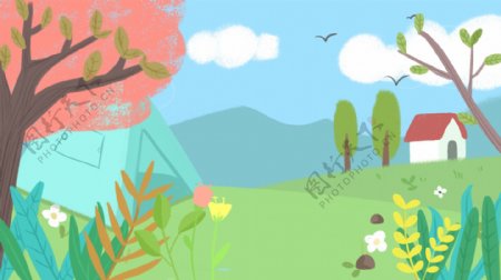 草地上的小房子彩色植物卡通背景