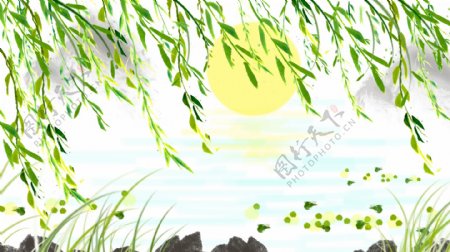 中国古画江水柳树背景手绘设计