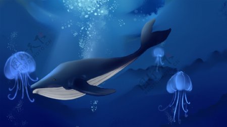 蓝色海洋中的鲸鱼水母卡通背景