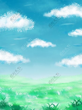 全原创小清新蓝天白玉草地手绘云朵梦幻场景背景