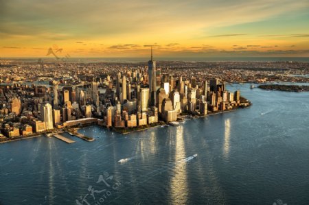 美国纽约曼哈顿海岛的高角度视图