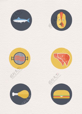 扁平化圆形肉类鱼类食物图标设计