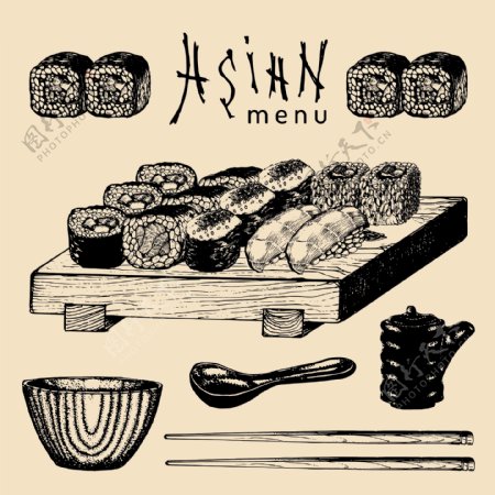 黑白手绘日式寿司插画