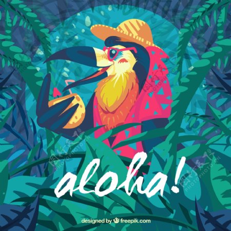 卡通喝椰汁的夏威夷鸟矢量素材