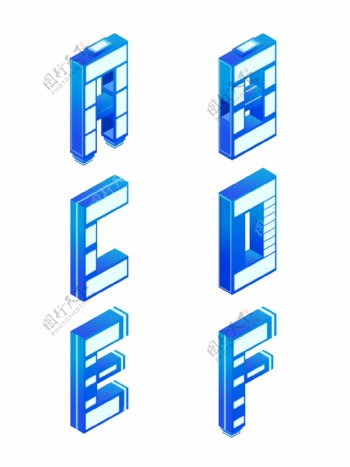 25D立体蓝白渐变科技风建筑字母元素套图