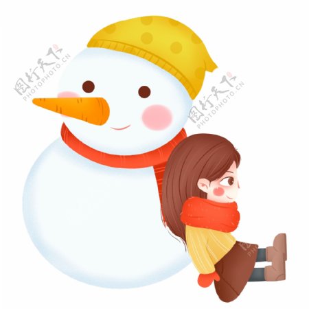 冬季靠着雪人的女孩小清新设计可商用元素