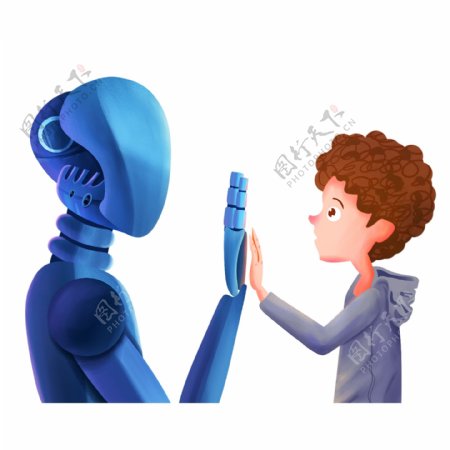 卡通和男孩击掌的智能机器人
