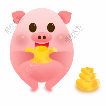 猪抱金元宝粉红卡通形象可商用元素