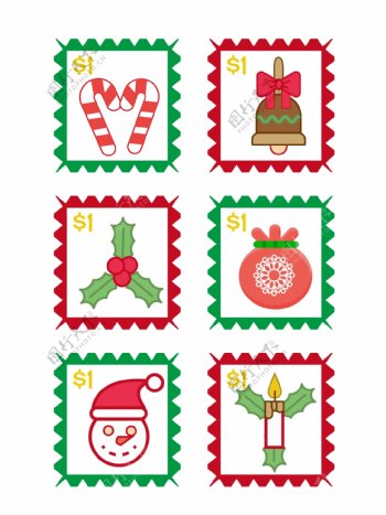 圣诞邮票邮戳小贴纸可爱卡通礼物矢量可商用