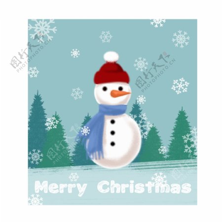 手绘圣诞节邮票雪人雪花松树蓝绿贴纸可商用