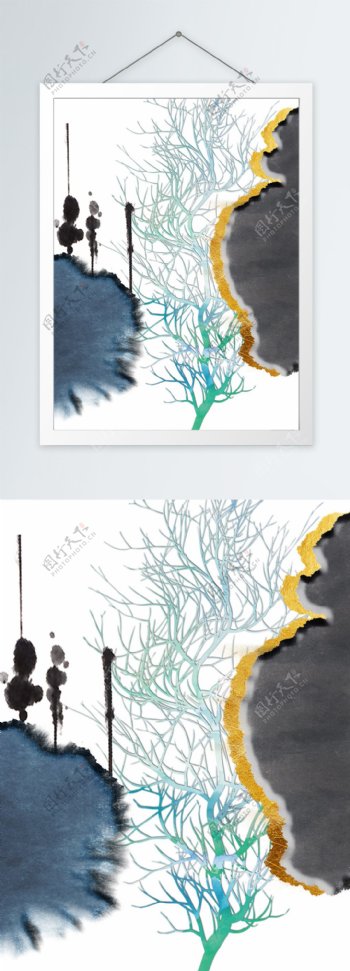 现代抽象波浪剪影树客厅装饰画
