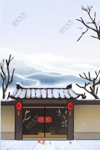 唯美冬至中国风屋檐背景设计