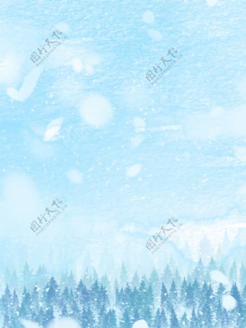 纯原创梦幻蓝色水彩树林雪花背景