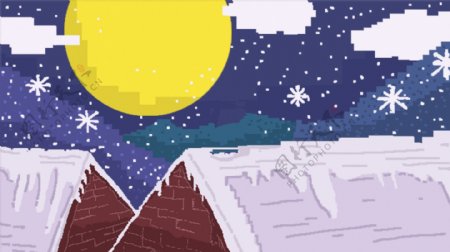 手绘圣诞节像素雪屋顶背景素材