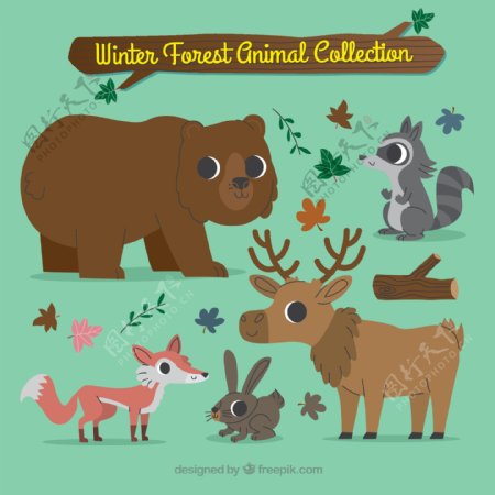 5款手绘冬季森林动物矢量素材