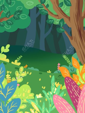 彩绘冬季树林童话背景设计