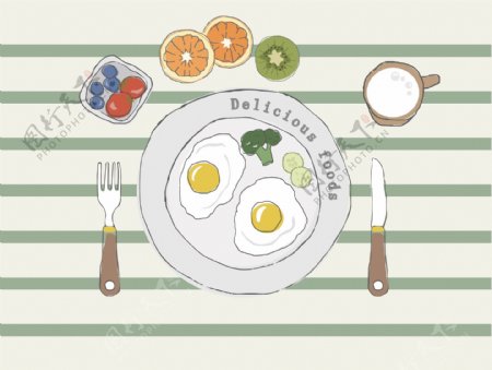 日系小清新早餐手绘线稿荷包蛋营养水果蔬菜