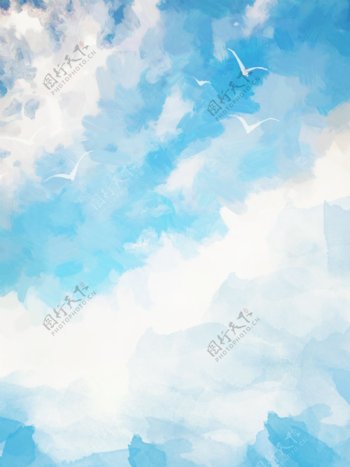 纯原创手绘风格水彩蓝色蓝天白云背景