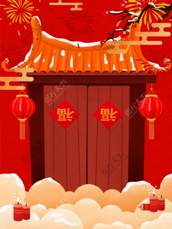 红色中国风猪年灯笼福字背景