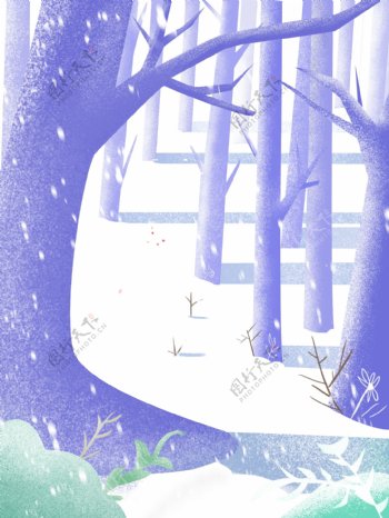 彩绘紫色冬季树林雪地背景设计