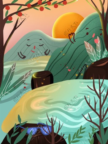 彩绘春季山河风景背景设计