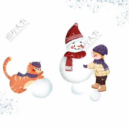 清新冬季堆雪人的男孩和猫咪
