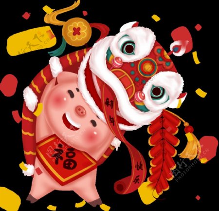 2019新年红色喜庆卡通猪舞狮