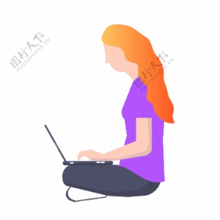扁平人物女孩玩电脑元素