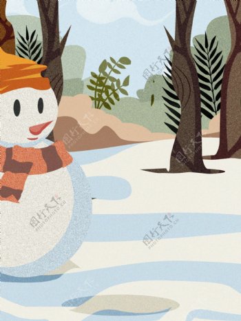 彩绘冬季雪人树林背景设计