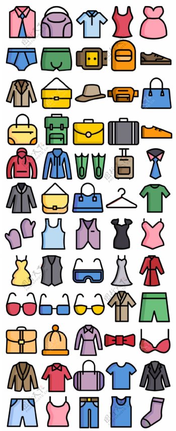 60个服装和时尚配饰扁平化彩色图标