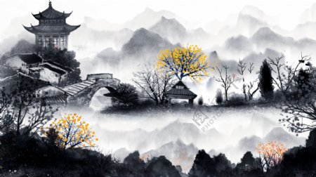 原创中国复古水墨画风景画中国水墨水彩插画