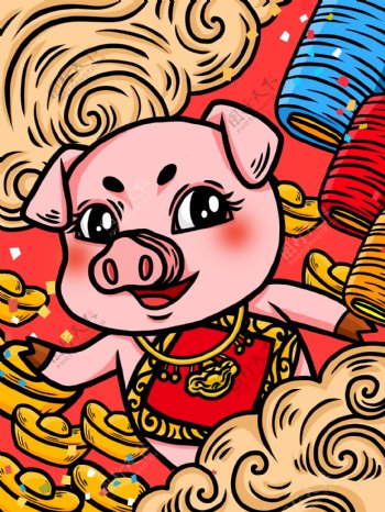 潮漫卡通春节猪年形象插画