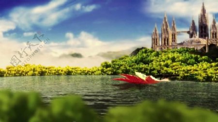 唯美城堡湖面枫叶旋转3d视频素材