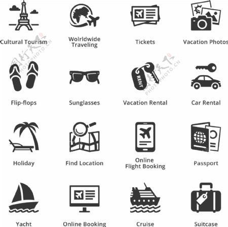 20款黑色旅行icon素材