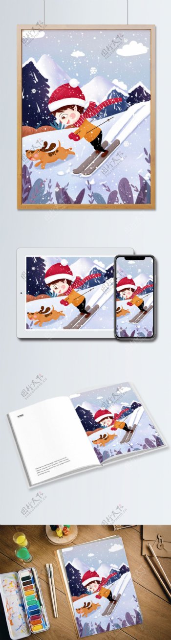 冬天男孩和狗狗滑雪清新卡通插画