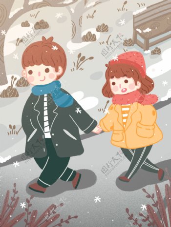 唯美冬季下雪天情侣树林里在公园里散步雪花