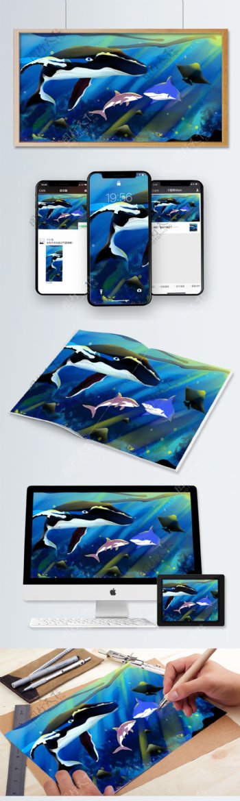 海洋生物鲸鱼与鲨鱼治愈系商业插画
