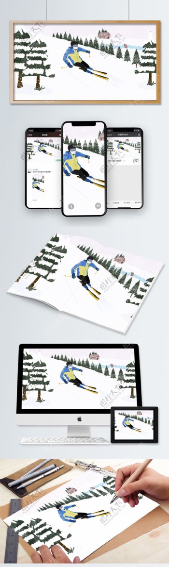 冬天你好立冬插画男孩在山上滑雪简约清新