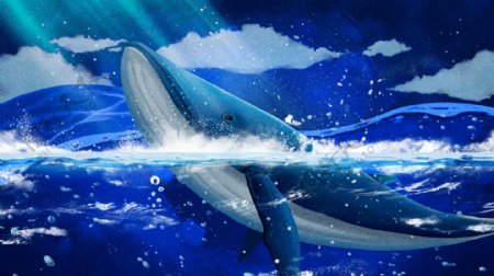 梦幻唯美大海与鲸治愈系梦游仙境插画