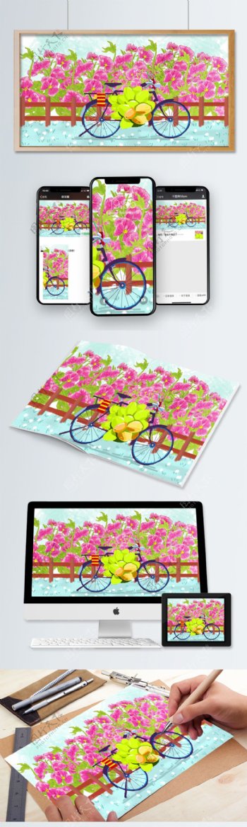 8月你好花朵自行车插画