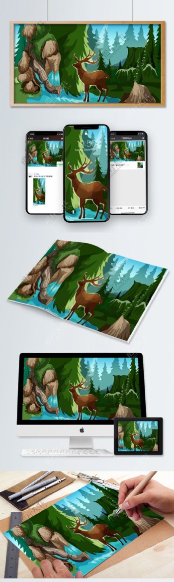 森林与鹿森林里的鹿矢量插画