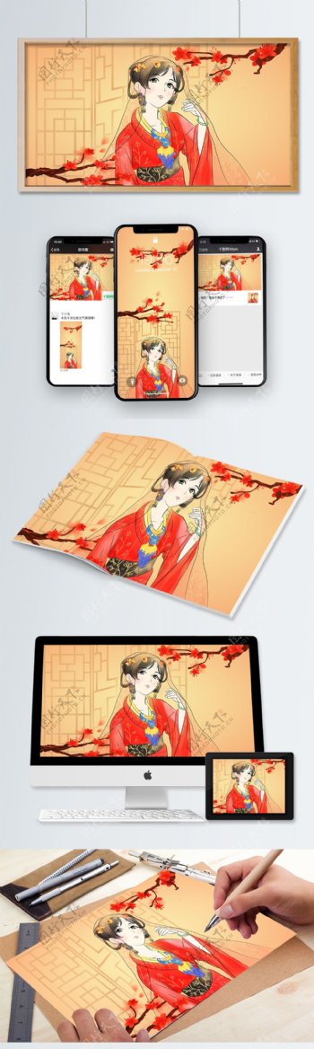 掀起盖头的中国古风新娘手绘原创插画