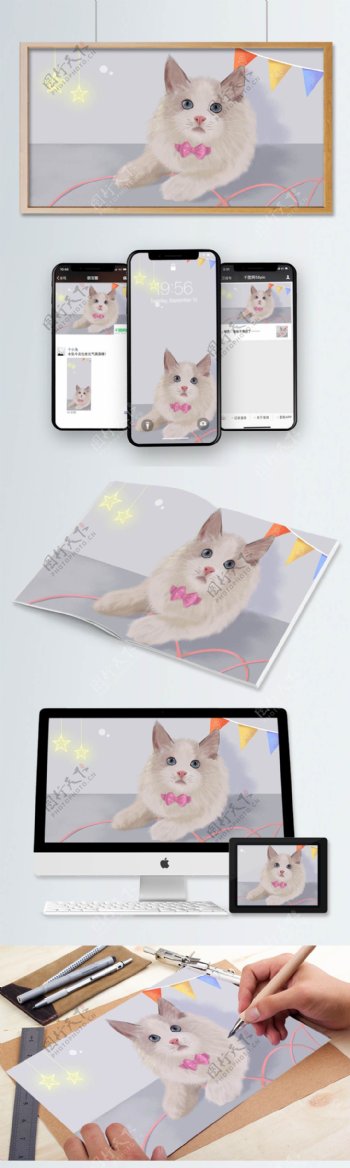 原创手绘写实插画布偶猫