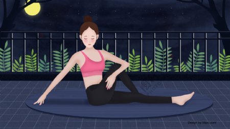 夏季唯美星空夜晚瑜伽健身女孩插画