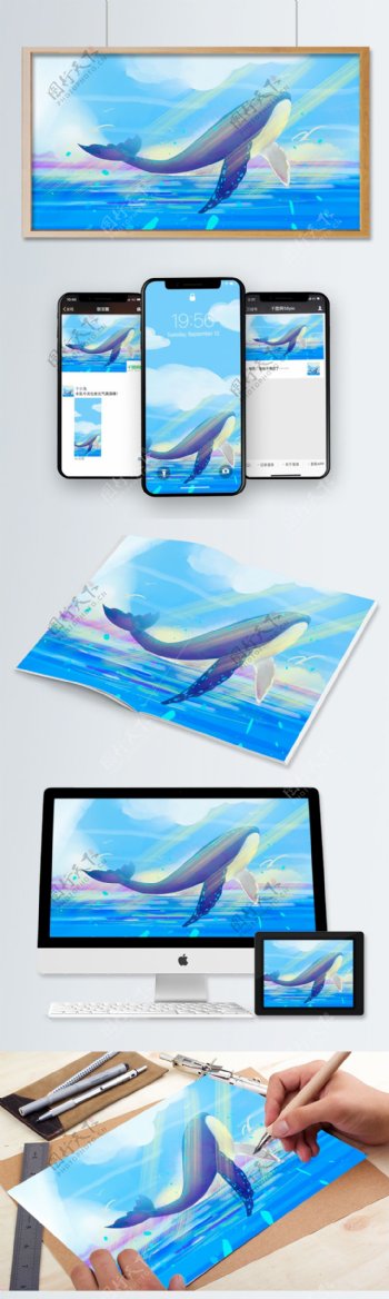 原创清新蓝色照射下的飞跃的鲸鱼插画